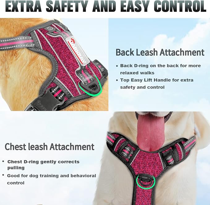 BARKBAY No Pull Dog Harness Large Reflective Dog Harness with Front Clip and Easy Control Handle for Walking Training Running with ID tag Pocket(Pink/Black,L)