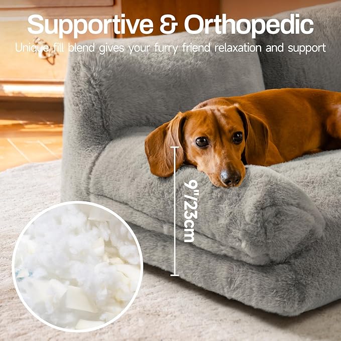 MEWOOFUN Cat Bed for Indoor Cats, Washable Dog Beds for Small Medium Dogs & Cats, Fluffy Cat Couch with Non-Slip Bottom (Grey, 33.5" L x 25.6" W x 11.5" Th)