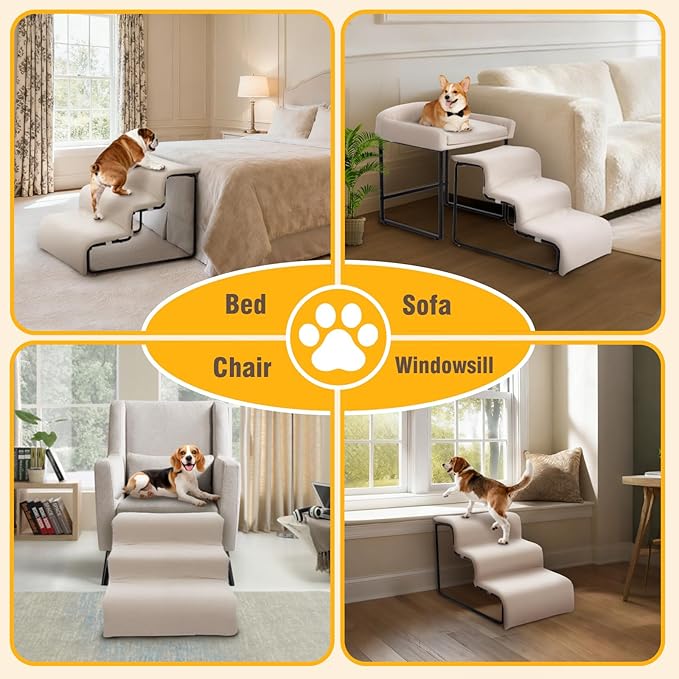 Dog Stairs with Beside Pet Bed Set for Window Bed Sofa Sturdy Metal Frame with Soft Cushion 3 Stairs Dog Steps and Window Perch for Small Pets (with Pet Bed)