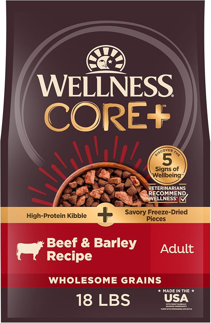Wellness CORE+ (Formerly RawRev) Dry Dog Food with Freeze Dried Pieces, Wholesome Grains, High Protein, Natural, Beef & Barley Recipe, (18-Pound Bag)