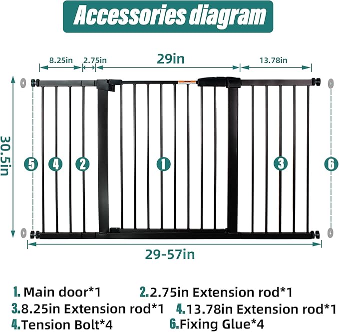 29-57" Dog Gates for Doorways No Drilling, Pet Gate Indoor, 30" Tall Metal Walk-Thru Gate, Easy One-Hand Open, Extensions & Wall Mounts Included (Brown, 57" W x 30.5“H)