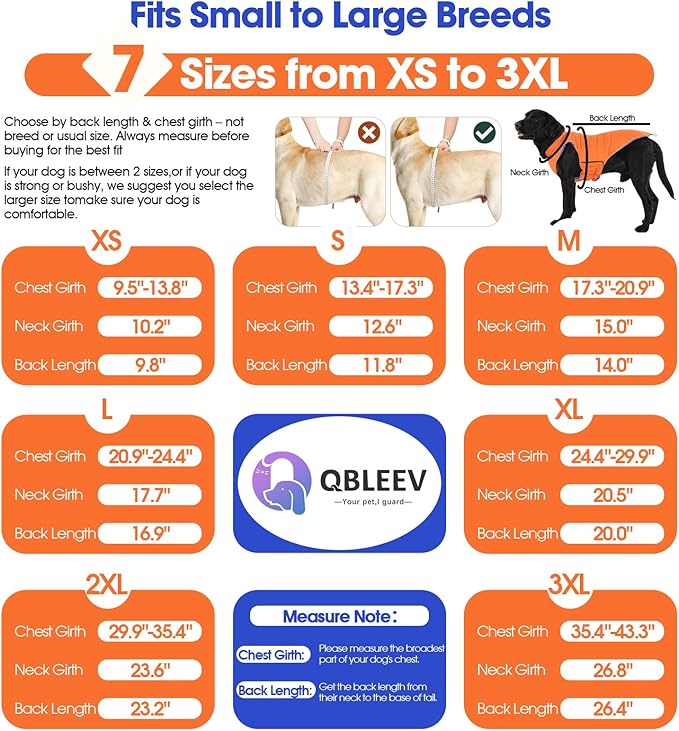 QBLEEV Reversible Dog Winter Coat, Warm Snowproof Dog Puffer Jacket for Large Dogs Cold Weather, Windproof Lightweight Padded Vest Snowsuit, 2-in-1 Adjustable Outdoor Clothes for Boxer, Orange, XXL