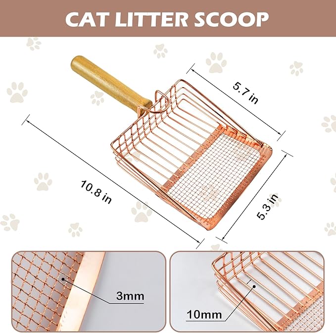 Metal Kitty Litter Scoop,Fast Sifting Litter Scooper for Cats,Cat Poop Scooper with Wood Handle & Hook Rose Gold Solid Two Mesh Kitten Deep Shovel