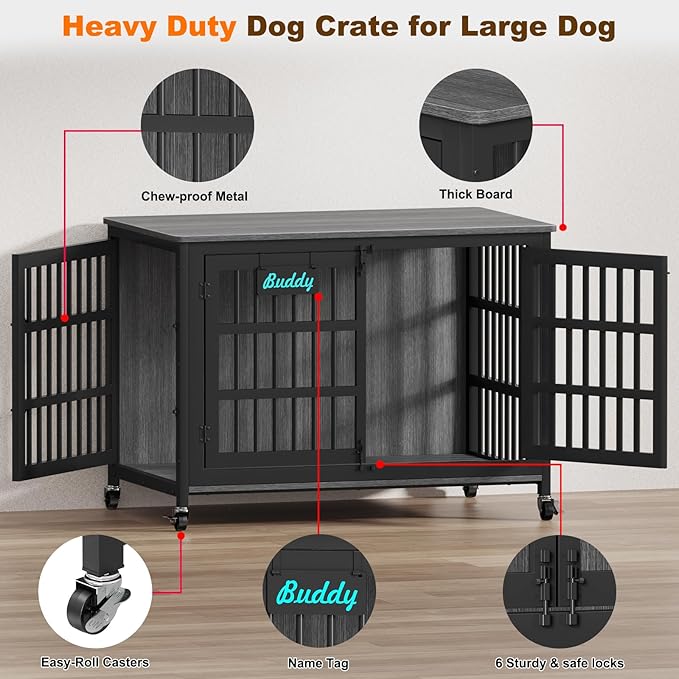 EasyCom 48"/42"/33" Dog Crate Furniture with Name Tag, Heavy Duty Dog Kennel Indoor for Large Dogs, Escape-Proof and Chew-Proof Dog Cage for high Anxiety Dog, Decorate House as TV Stand, End Table