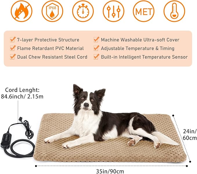 INVENHO Pet Heating Pad for Cats & Dogs, Waterproof, Adjustable Temp with Timer, Electric Pad