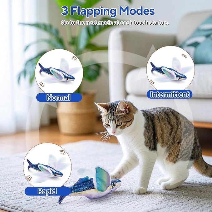 AUSCAT Flappy Fish Cat Toy, Simulated Chirping Floppy Fish Cat Toy Flapping Wings, Rechargeable，Interactive Catnip Toys for Indoor Cats (No Flying)