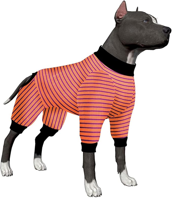 LovinPet Dog PJS Apparel for Medium Dogs, Pitbull Pure Cotton Pink Red and Purple Stripe Dog Shirt, 4-Legged Design, Full Body Coverage, Pajamas for Pitbulls, Onesies for Dogs, XL