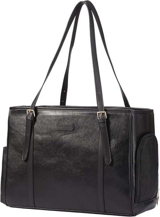 Fashion Dog Purse Pet Carrier Leather Bag for Small Dogs Cats Puppy, Portable Tote Bag Airline Approved Soft-Sided Carriers (Black)