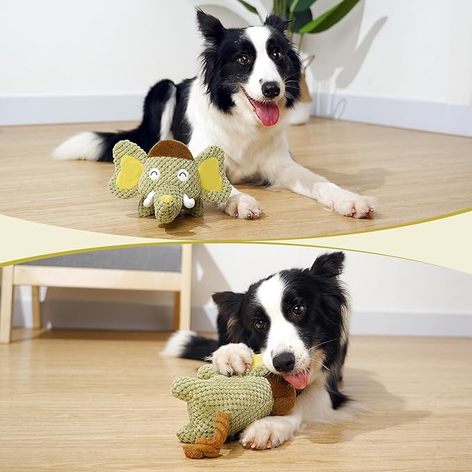Hollypet Squeaky Plush Stuffed Durable Dog Toys, Cute Puppy Chew Toys for Small, Medium and Large Breed Dogs，Green Elephant