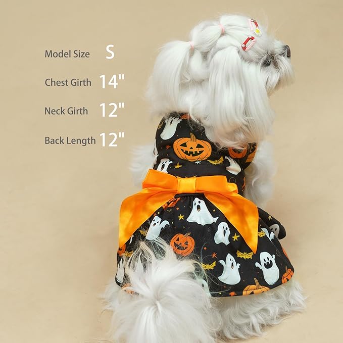 PUPTECK Print Dog Halloween Dress Pet Costumes Apparel with Cute Bowtie Puppy Clothes Outfit, Ghost, XS