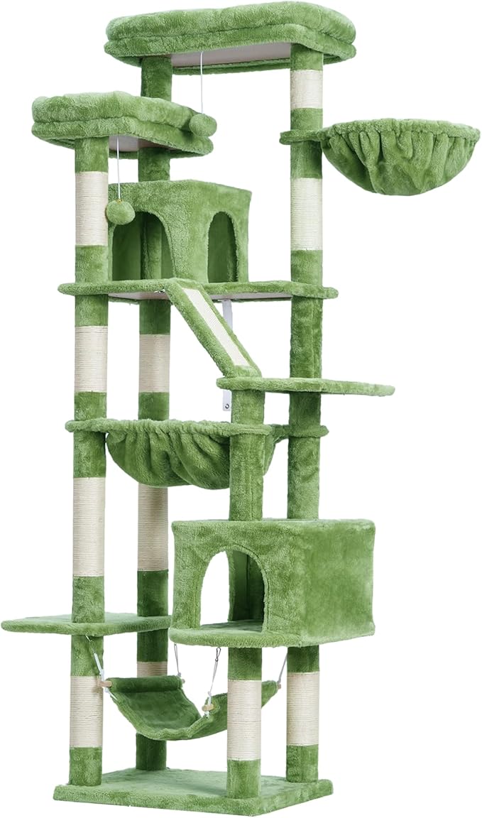 Heybly Cat Tree, 71-Inch Tall Tower for Indoor Cats with 2 Perches, 2 Big Condos, 2 Hammocks, Basket, Scratching Pad, Large Cat Furniture and Condo, Green HCT034GR