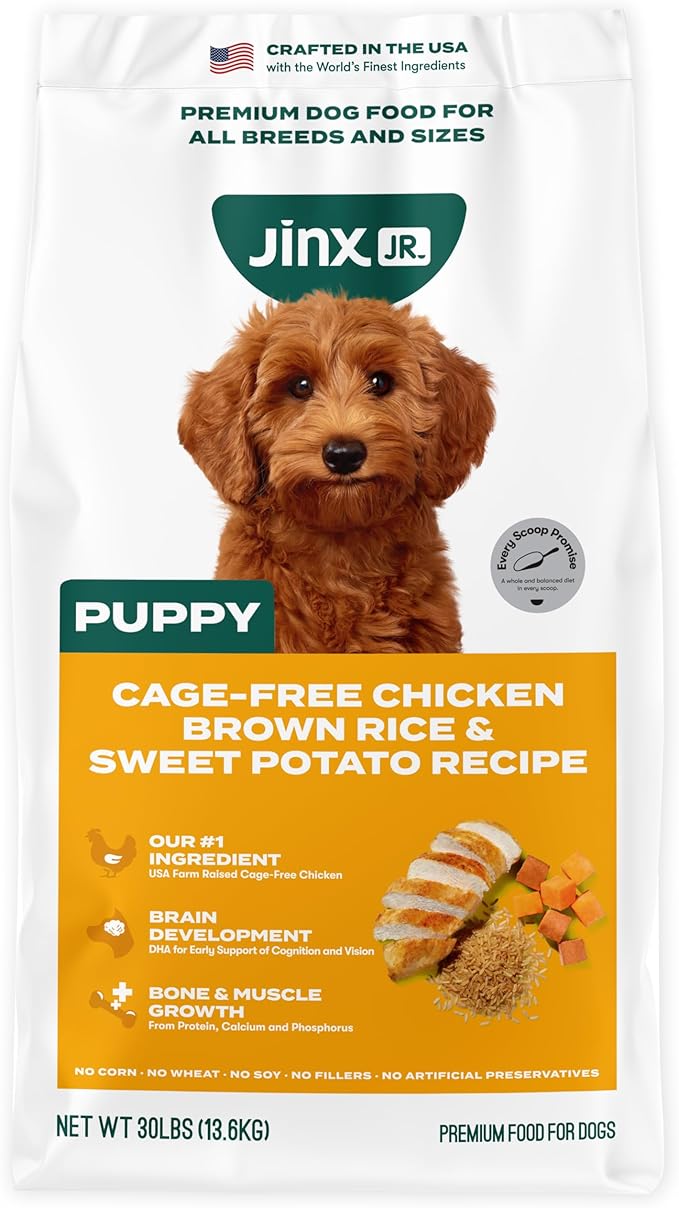 Jinx Premium Puppy Dog Food- Real Chicken, Brown Rice & Sweet Potato, Puppy Food with DHA, Protein & Calcium for Brain Health - Probiotics for Digestive Support - No Fillers - 30lb
