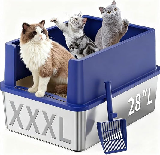 XXXL Stainless Steel Litter Box,28"L*20"W*12.5"H Large Capacity Metal Cat Litter Box for Big & Multiple Cats,Anti-Leakage,Non-Stick Surface for Easy Cleaning,Odor-Resistant,Scratch-Resistant