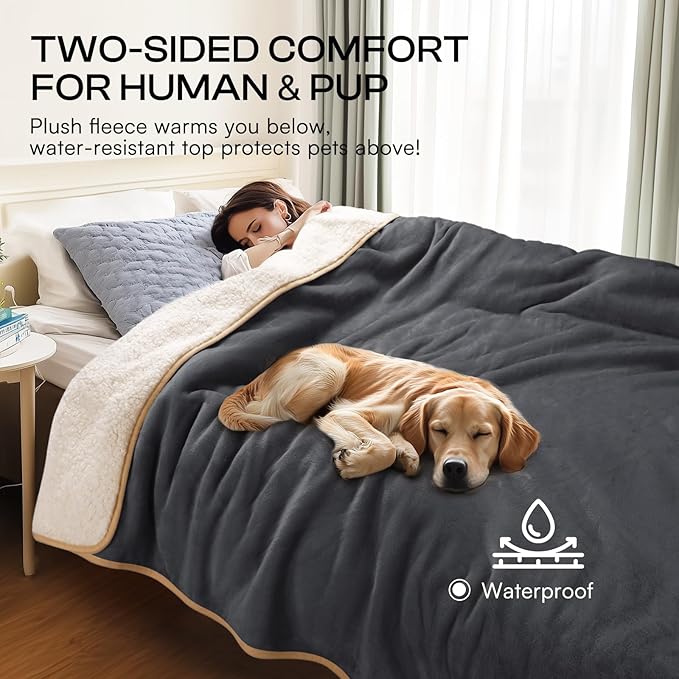 Luciphia Waterproof Pet Blanket, Liquid Pee Proof Dog Blanket for Sofa Bed Couch, Reversible Sherpa Fleece Furniture Protector Cover for Small Medium Large Dogs Cats, Grey+Beige Large（65" x 57"）