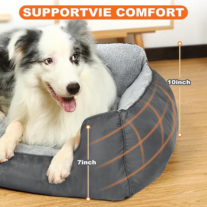 Dog Bed, Rectangle Washable Extra Large Dog Bed for Extra Large Dogs, High Back Dogs Sofa with Non-Slip Bottom, 43”x35”x9”, Grey