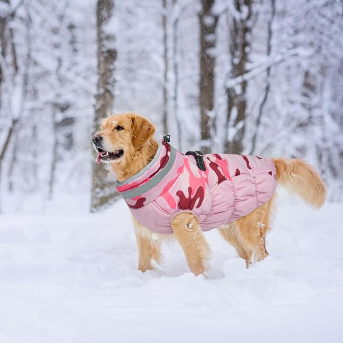 Lelepet Warm Dog Winter Coat Dog Coats for Large Dogs Waterproof Dogs Jacket with Harness Built in Reflective Cold Weather Coats Zip-Up Winter Fleece Vest Snowsuit Boston Terrier Pink Camo L