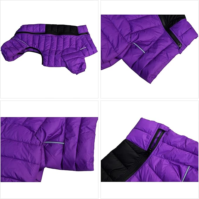 Dog Warm Jacket, 4 Legs Covered Waterproof Windproof Reflective Warm Vest, Zippered Adjustable Outdoor Snow Jacket for Small to XXL Dogs, Purple