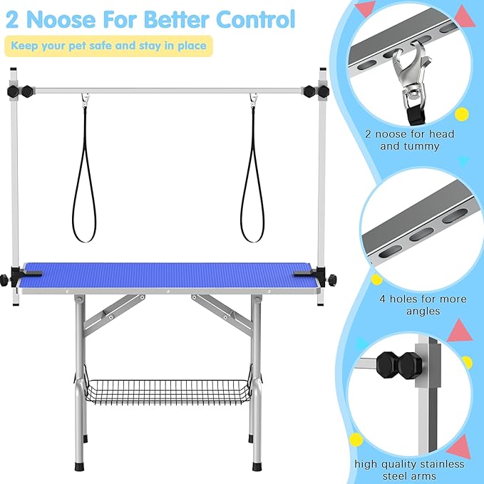 42''Large Dog Grooming Table, Adjustable Cat Drying Desktop with Arms, Nooses, Mesh Tray, Foldable Pet Station at Home, Maximum Capacity Up to 330Lb, 42inch, Blue