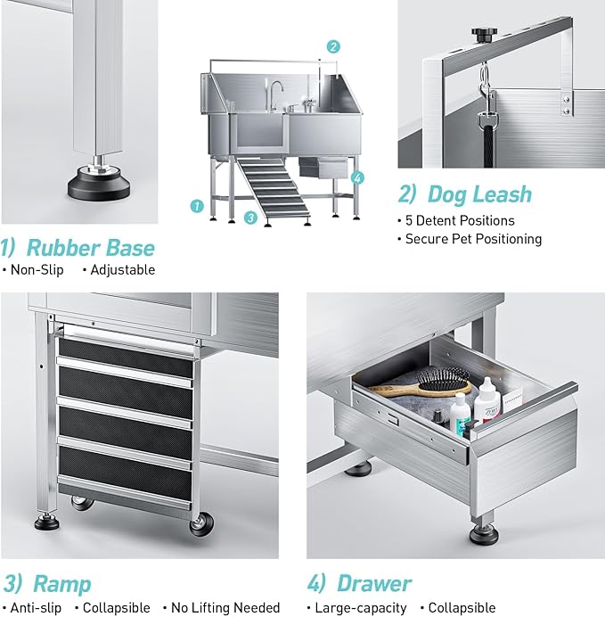 Dog Washing Station,56" Professional Stainless Steel Dog Bathing Station for Large Dog Height Adjustable Dog Wash Station for Home Dog Grooming Tub with Drawer, Floor Grate & Fauct (L-Ramp)