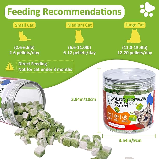 Freeze-Dried Cat Grass Treats with Omega-3 Fish Oil Blend - Hairball Control, Skin & Coat Health for Cats (Chicken & Fish Oil, 1.76 oz)