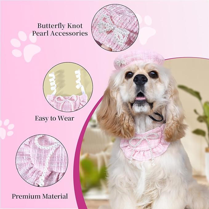 HOWWFALY 2PCS Cat Beret Hat with Pearl Bowtie, Adjustable Bandana Scarf Set Pet Princess Costume for Halloween Christmas, Cat Dog Birthday Party Apparel (Pink Pearl)