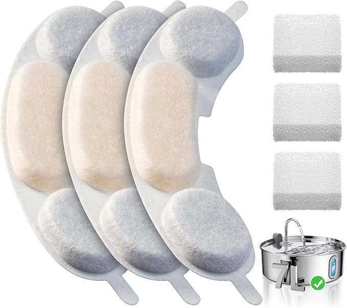 Official 3 Packs Dog Water Filter Replacement and 3 Sponges for 7L/236oz/1.8Gal Stainless Steel Dog Water Fountain