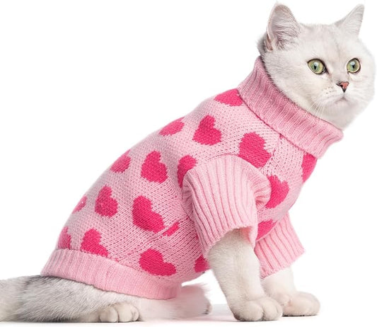 KOOLTAIL Cat Sweater Turtleneck- Soft Pink Knit Cat Sweaters for Cats Only, Heart Love Pattern Thick Warm Cold Weather Clothes, Valentine's Day Pet Outfit for Small Medium Size Kitten Puppy Girls S