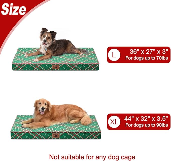 Outdoor Extra Large Dog Bed, Waterproof Dog Bed for Large Dogs, Egg Crate Foam XL Pet Bed with Removable Washable Oxford Cooling Cover, Plaid