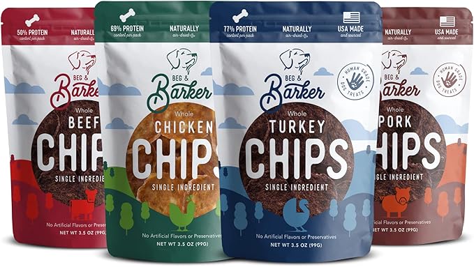 Beg & Barker Jerky Chips for Dogs Variety (3.5oz, Pack of 4) - Single Ingredient Dog Treats Made for Small and Large Dogs Protein Human Grade Dog Treats Made from Real Meat, Made in USA
