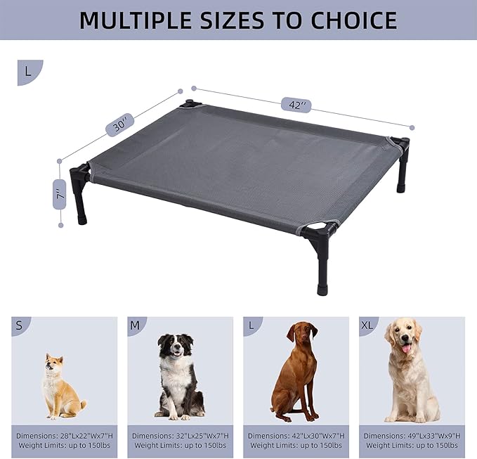 pettycare Elevated Outdoor Dog Bed - Raised Cot for Large Dogs, Heavy Duty Pet Cots Waterproof, Cooling, Washable Breathable Teslin Mesh, Durable, Non Slip, 42 Inches, Grey