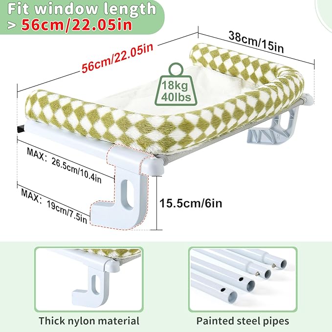 Sunhoo Cat Window Perch Hammock Sturdy Windowsill Bed Seat for Large Cats No Drilling No Suction Adjustable Kitty Shelf with Washable Cover Easy Assembly Holds up to 40 lbs 22.05 * 15 in (Green, S)