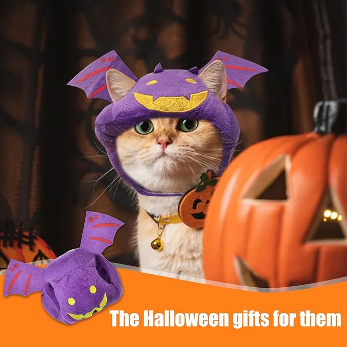 ABTOLS Halloween Dog Cat Bat Shape Hat, Adjustable Soft Small Pet Purple Bat Cap Headwear for Puppy Dogs Kittens Halloween Festival Cosplay Costume Accessory Headgear