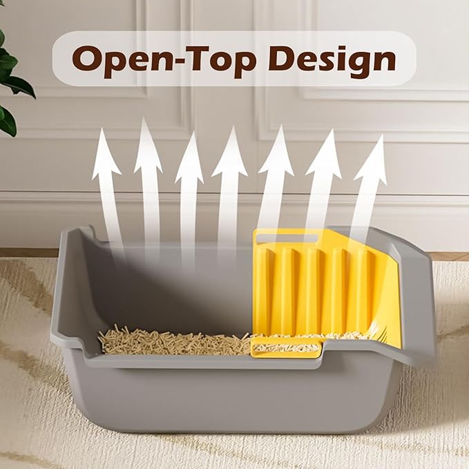 SpaceTime Extra Large Cat Litter Box with High Sides,Jumbo Open Top Kitty Litter Pan for Indoor Cats,XL Cat Boxes with Integrated Sifting Litter Scoop,Ideal for Kittens & Big Cats,Easy to Clean(White)