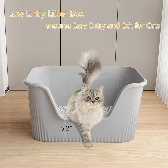 2-Piece Extra Large Litter Box with High Sides for Multi Cats, Jumbo Big Litter Box, Easy Clean&Odor Control, Anti-Splashing&Leak-Proof, Grey