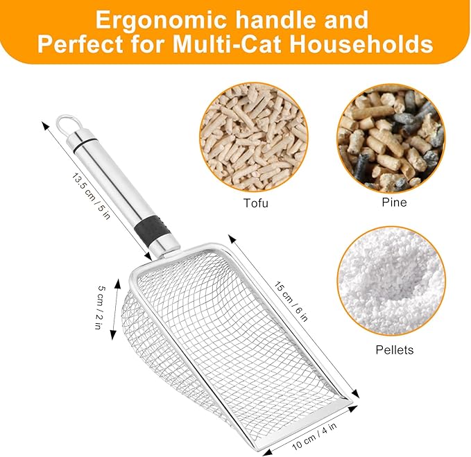 AccEncyc Cat Litter Scoop 2PCS Stainless Steel Mesh Litter Shovel Poop Sifting Litter Box Scooper with 2 Self-Adhesive Hooks, Kitten Pooper Lifter for Litter Box