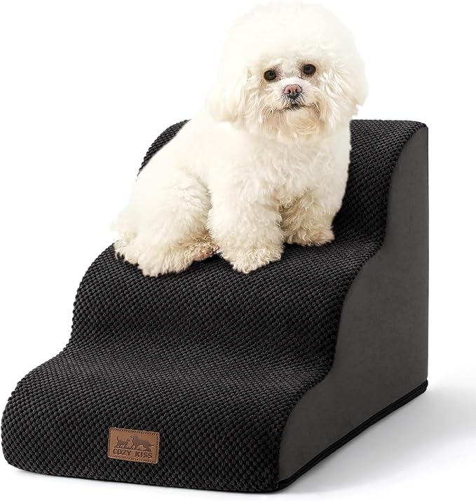 Dog Stairs for Small Dogs 15.7" H, Curved Dog Step for Puppy, Older Cat, Medium Pet Ramp for Sofa, Couch or Chair, Ladder with High Density Foam, 3 Step, 15.7x22.4x15.7 inch, Black