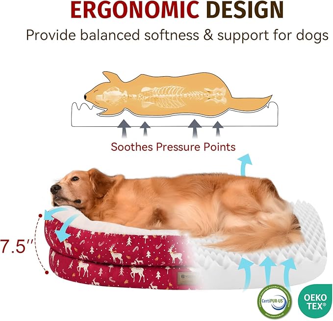 Christmas Orthopedic Washable Large Dog Bed: Memory Foam Waterproof Pet Bed with Bolsters - Removable Washable Cover for L XL XXL Large Sized Dog Bed - Non-Slip Bottom - Red
