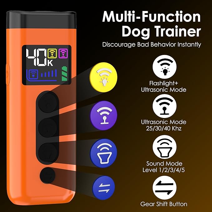Dog Bark Deterrent Device, 65 FT Range,3X Ultrasonic Bark Deterrent Device & Ultrasonic Dog Trainer - Anti-Barking Device with Color Display, Safe & Effective Alternative to Bark Collars - Orange