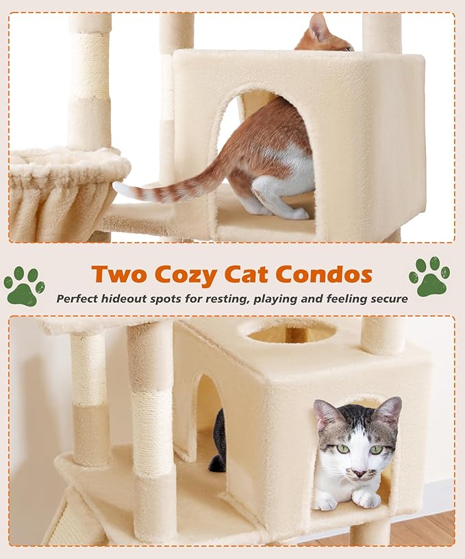 AMHANCIBLE Cat Tree, 83 Inch Large Multi-Level Tall Tower for Indoor Adult Cats, with Scratching Post and Board, Hammock, Condos, Hanging Basket, Activity Center to Play and Sleep, Beige, PT21BG