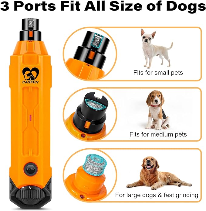 Casfuy 6-Speed Dog Nail Grinder - Newest Enhanced Pet Nail Grinder Super Quiet Rechargeable Electric Dog Nail Trimmer Painless Paws Grooming & Smoothing Tool for Large Medium Small Dogs (Orange)