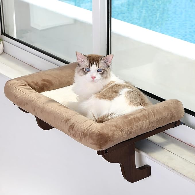 Zakkart Cat Perch for Window Sill with Bolster - Orthopedic Hammock Design with Premium Hardwood & Robust Metal Frame - Cat Window Seat for Large Cats and Kittens - Dark Stained Wood with Brown Bed