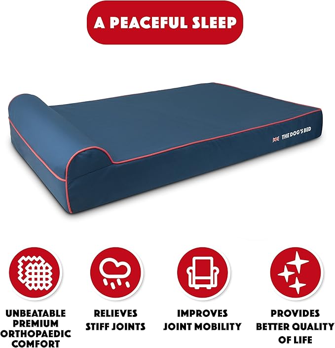 The Dog’s Bed Orthopedic Headrest Dog Bed XXL Blue Oxford with Red Trim UK Flag Dog Bed, Memory Foam, Hip & Elbow Dysplasia, Post Surgery, Waterproof Washable Cover