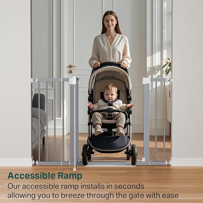 Cumbor 29.7-48" Baby Gate for Stairs, Mom's Choice Awards Winner-Dog Gates for Doorways, Auto Close Safety Pet Gate for Dogs Indoor, Easy Install Pressure Mounted Child Gate with Walk Thru Door, Gray