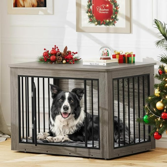 YITAHOME 43.7" L Dog Crate Furniture for Large Dogs, 2-in-1 Iron-Wood Fusion Dog Cage Indoor up to 80 lb, Modern Dogs Kennel Side End Table with Waterproof Top, Safety Corners, Steel Lock, Greige