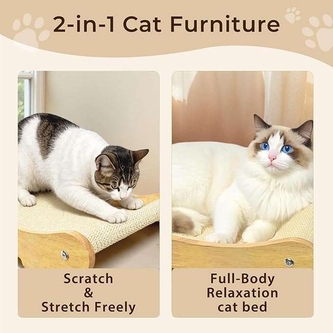 2-in-1 Natural Sisal Cat Scratcher Bed for Indoor Cats – Large Wooden Hammock Lounge Furniture with Solid Oak Frame, Easy Assembly for Large Cats Resting & Scratching