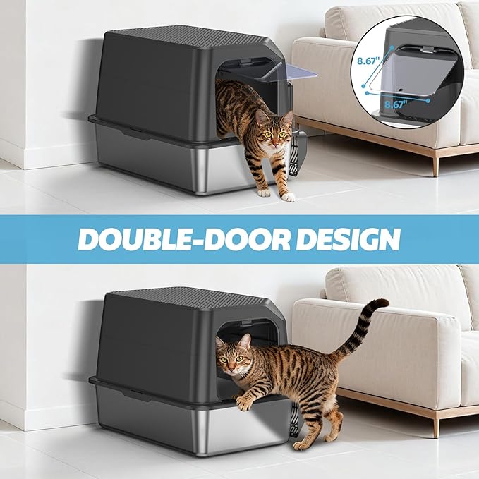 Enclosed Stainless Steel Cat Litter Box with Lid, XL Extra Large Litter Box for Big Cats, Metal Litter Pan High Sided, Never Absorbs Odors, Anti-Urine Leakage, Include Scoop (Dark Grey)