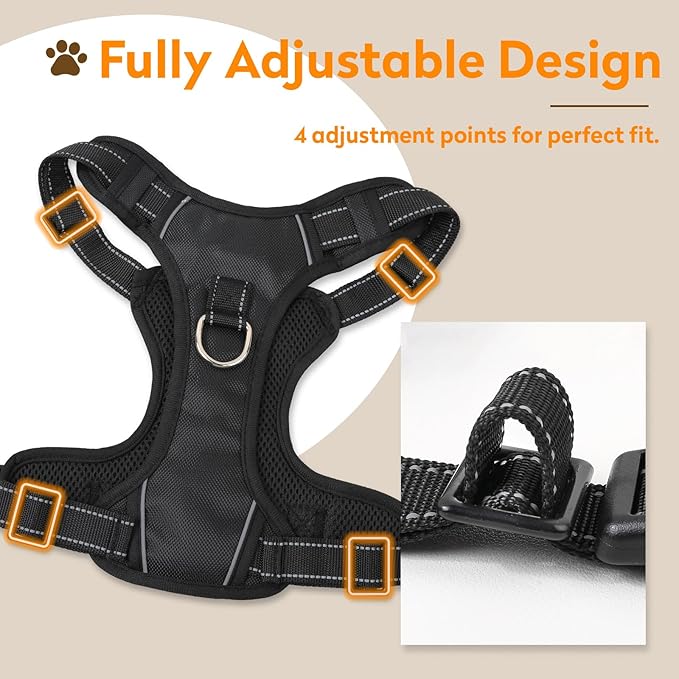 No Pull Dog Harness with 2 Leash Clips, Reflective Adjustable Soft Padded Vest with Handle, Breathable Oxford No Choke Pet Vest for Large Dogs, Black,L