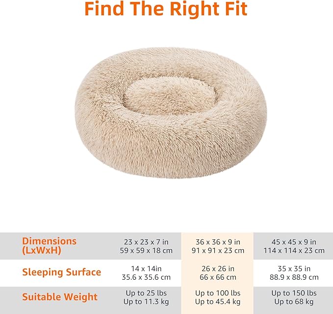 Amazon Basics Donut Pet Bolster Faux Fur Bed for Dog, Beige, 36" x 36"