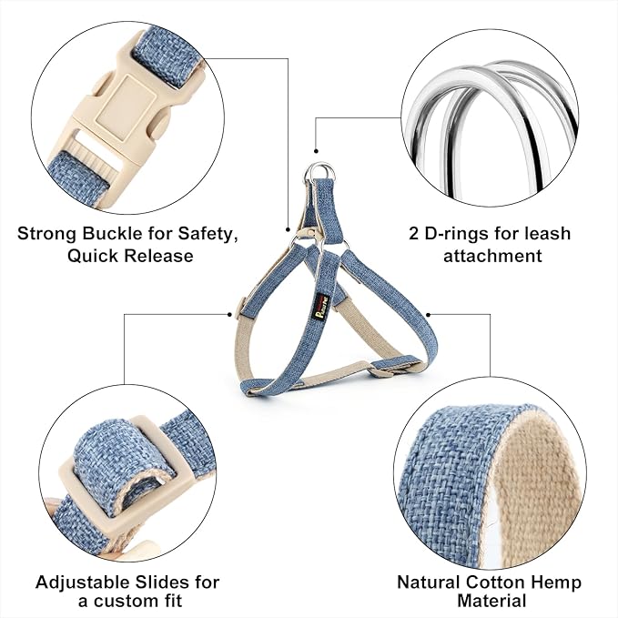 Plutus Pet Cotton Hemp Step in Dog Harness, Sustainable, Lightweight and Escape-Proof, Quick Fit Dog Harness for Puppy Small Medium and Large Dogs, Haze Blue, M