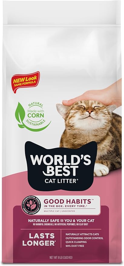 WORLD'S BEST CAT LITTER Good Habits Cat Attract Litter | Natural Plant-Based Attractant | Multicat Flushable Corn Litter | Unscented Odor Control | Low Tracking & Lightweight | Made in USA 8lb Bag